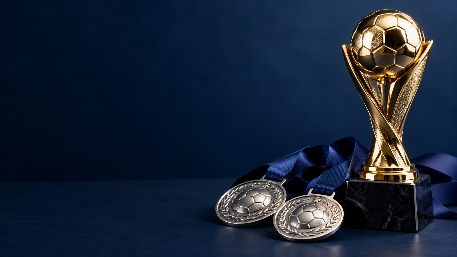 Soccer trophy and silver medals with navy ribbons.