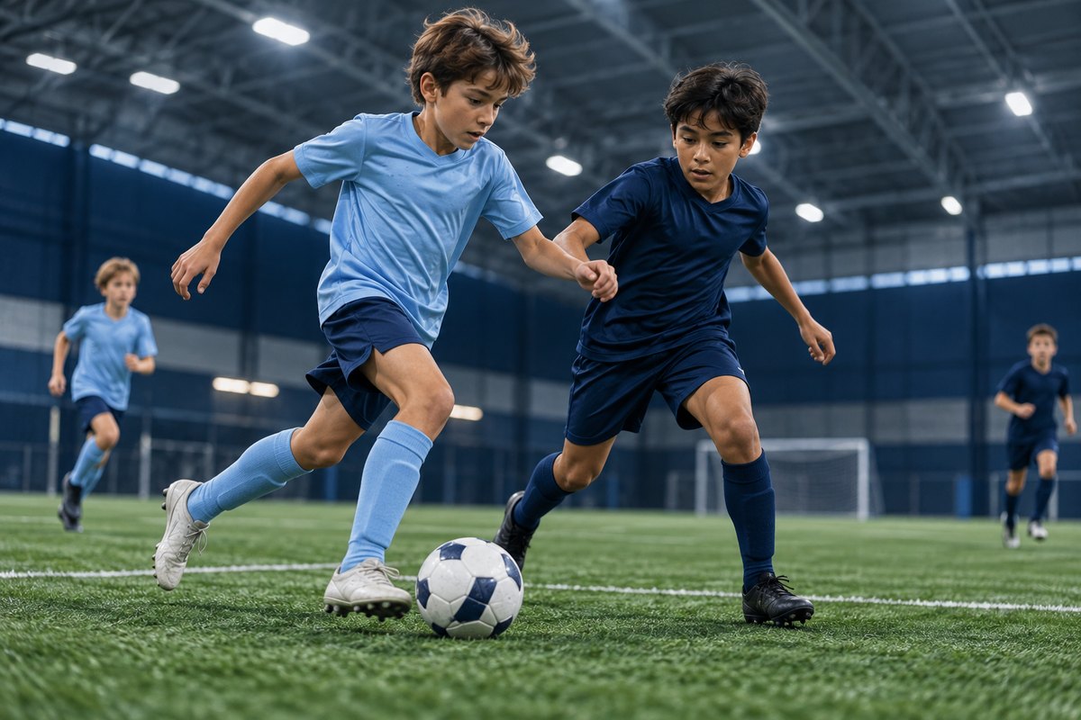 Two youth soccer players competing for the ball indoors.