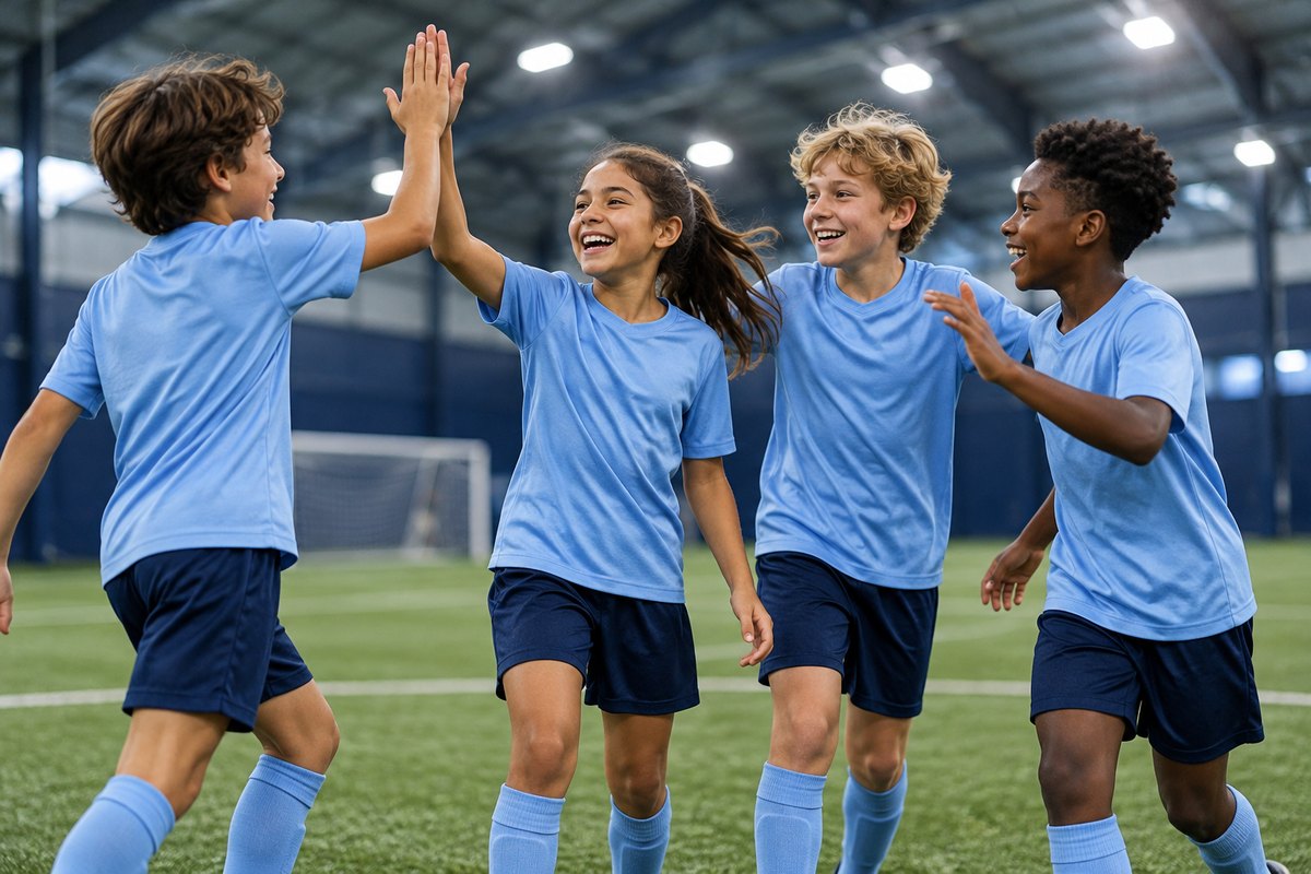 Youth teammates celebrating with high fives indoors.