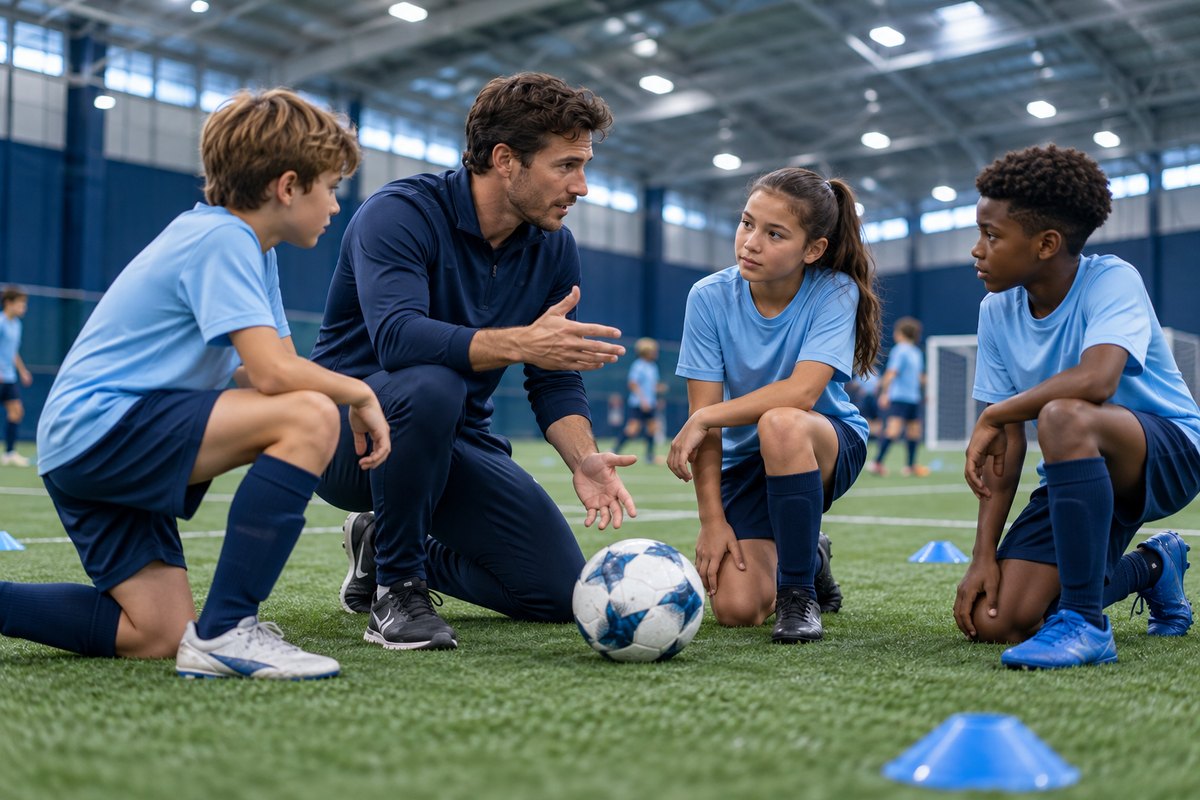 Coach explaining a soccer drill to youth players.