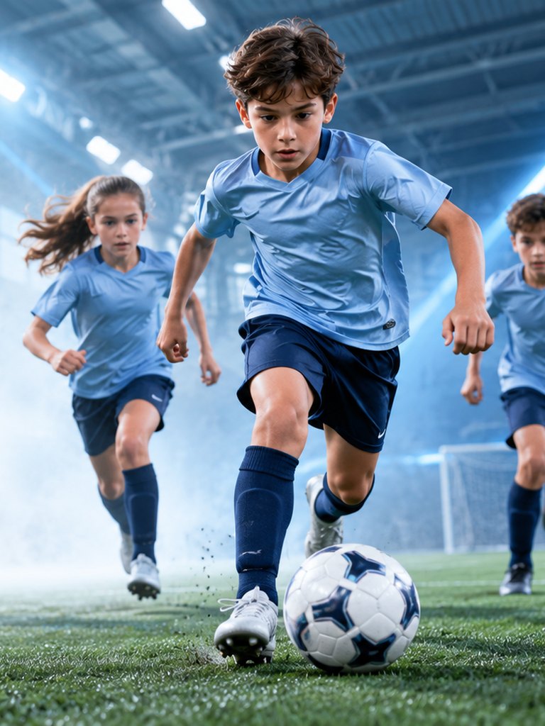 Youth players dribbling a soccer ball on an indoor pitch.