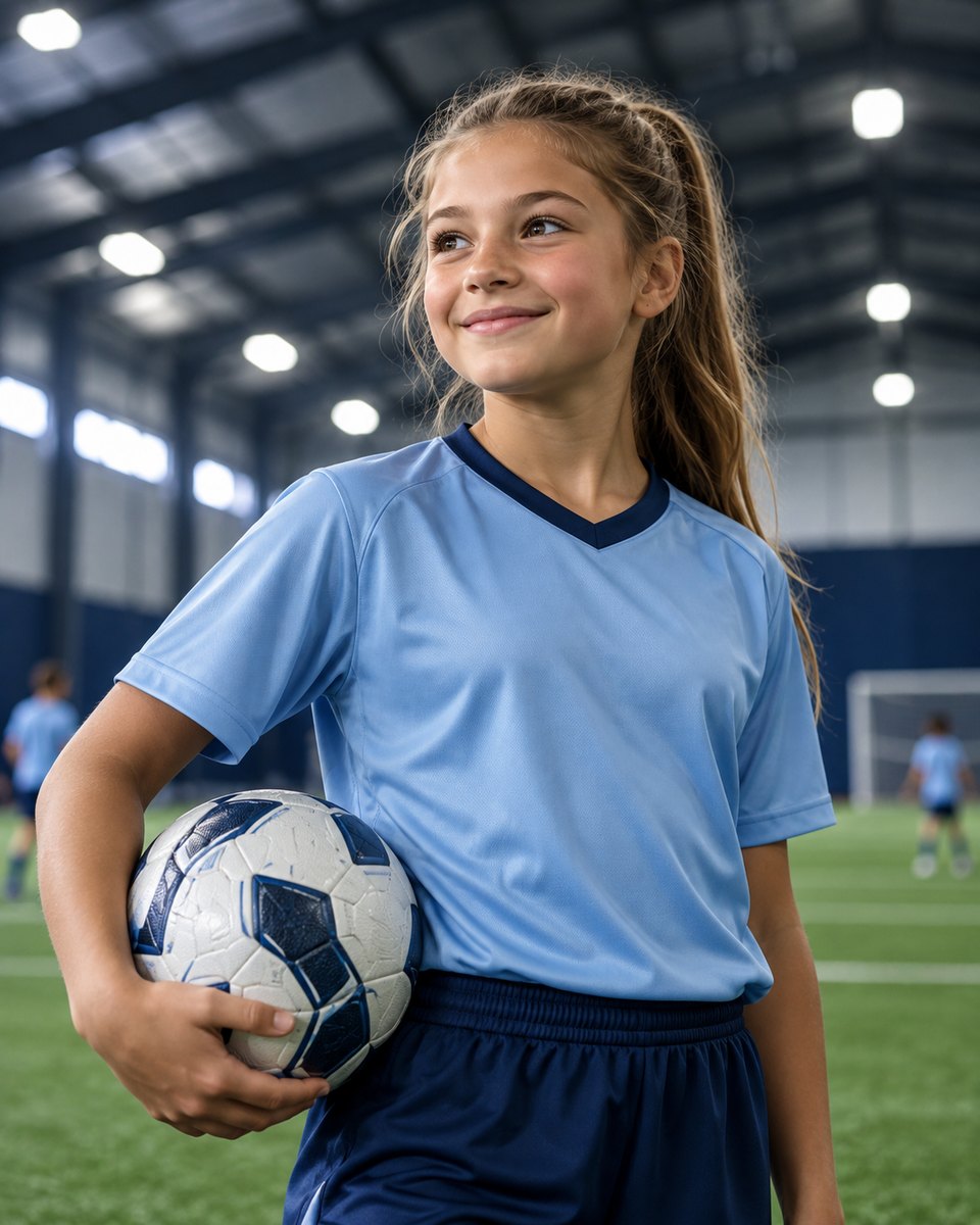 Young soccer player smiling with a ball on an indoor pitch.