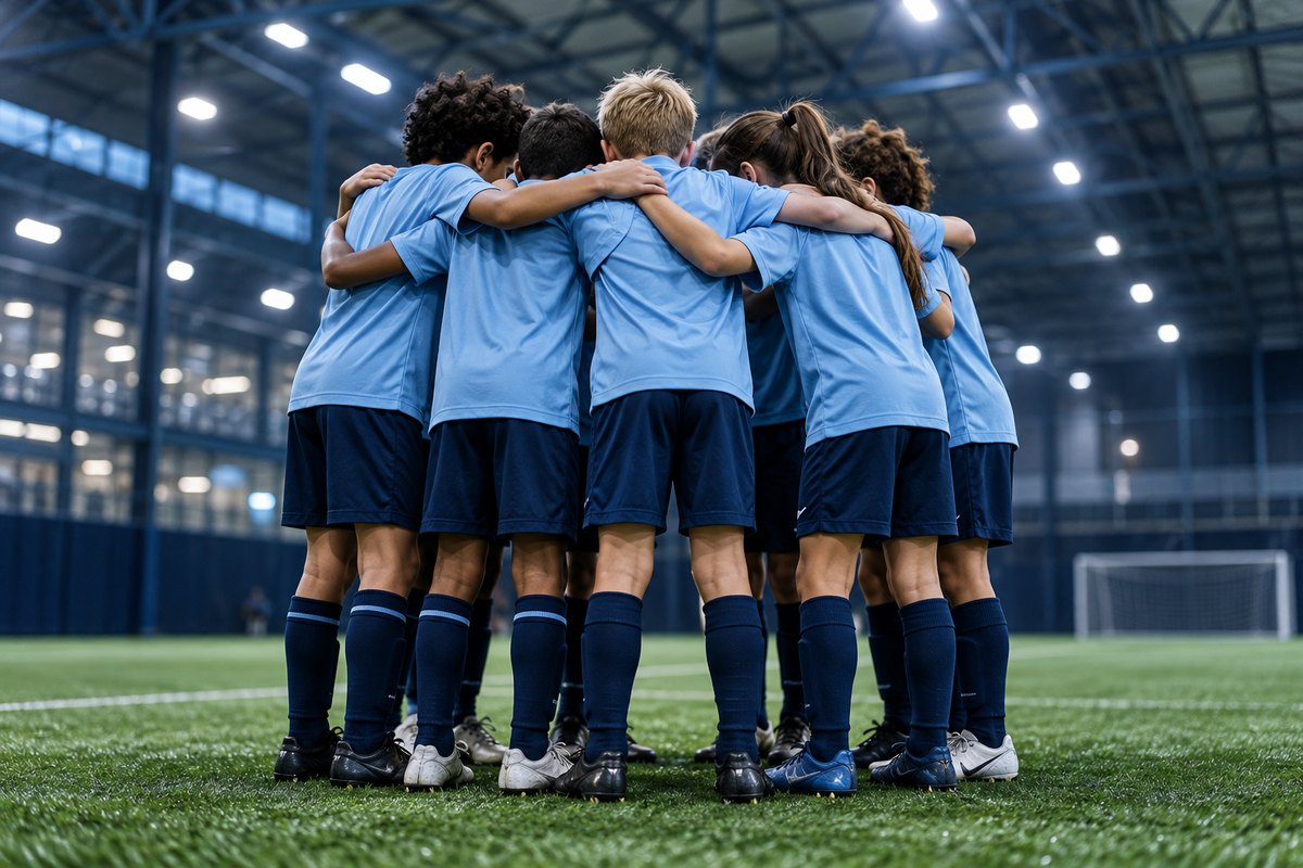 Youth soccer teammates huddling before an indoor match.